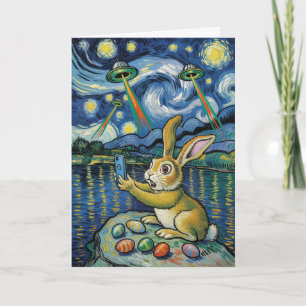 Easter Bunny UFO Selfie Starry Night Card