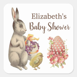 Easter Bunny Vintage Rabbit & Chicken Baby Shower Square Sticker