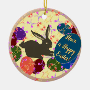 Easter Bunny w/ Eggs Rose Patterned    Ceramic Tree Decoration
