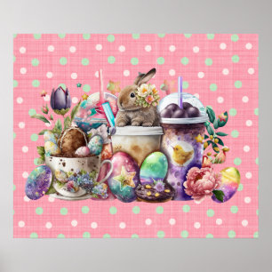 Easter Bunny Watercolor Coffee Drinks Poster
