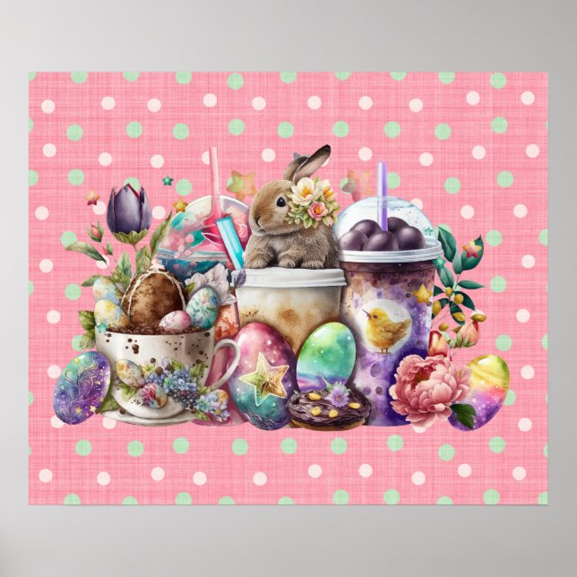 Easter Bunny Watercolor Coffee Drinks  Poster (Front)