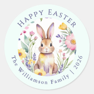 Easter Bunny Watercolor Floral Personalised Classic Round Sticker