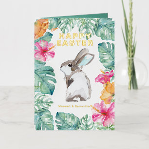 Easter Bunny Watercolor Flowers Foil Greeting Card
