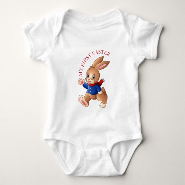 Easter Bunny Wearing Blue Jacket My First Easter Baby Bodysuit (Front)