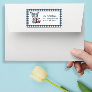 Easter Bunny with Basket of Eggs on Blue Gingham Label