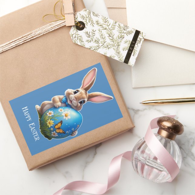 Easter Bunny with blue bow -  Rectangular Sticker (Gifting)