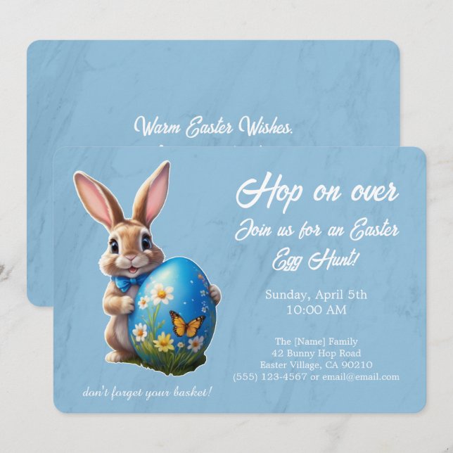 Easter bunny with blue ribbon -  invitation (Front/Back)