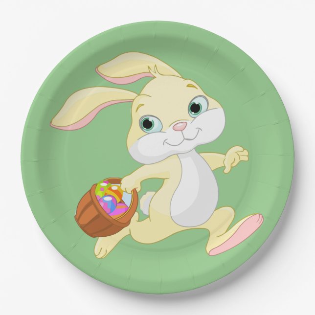 EASTER BUNNY WITH COLORFUL EASTER EGG BASKET PAPER PLATE (Front)