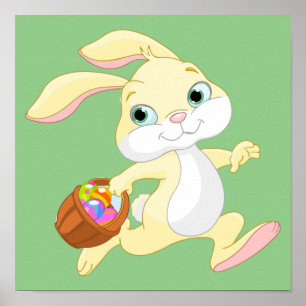 EASTER BUNNY WITH COLORFUL EASTER EGG BASKET POSTER
