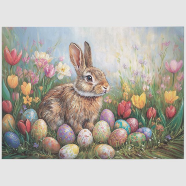 Easter Bunny with Colourful Tulips Decoupage Tissue Paper (Front)