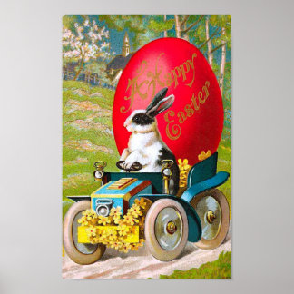 Easter Bunny With Cool Car Vintage Floral Poster
