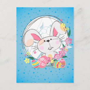 Easter Bunny with Decorated eggs and Spring Flower Holiday Postcard