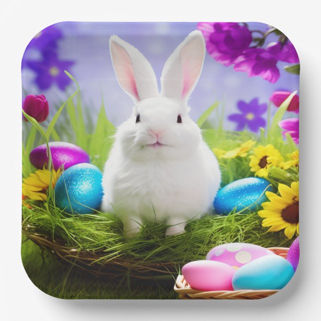 Easter Bunny With Easter Egg Basket Paper Plate (Front)