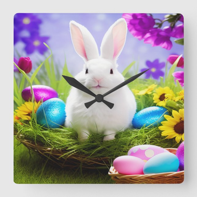 Easter Bunny With Easter Egg Basket Square Wall Clock (Front)