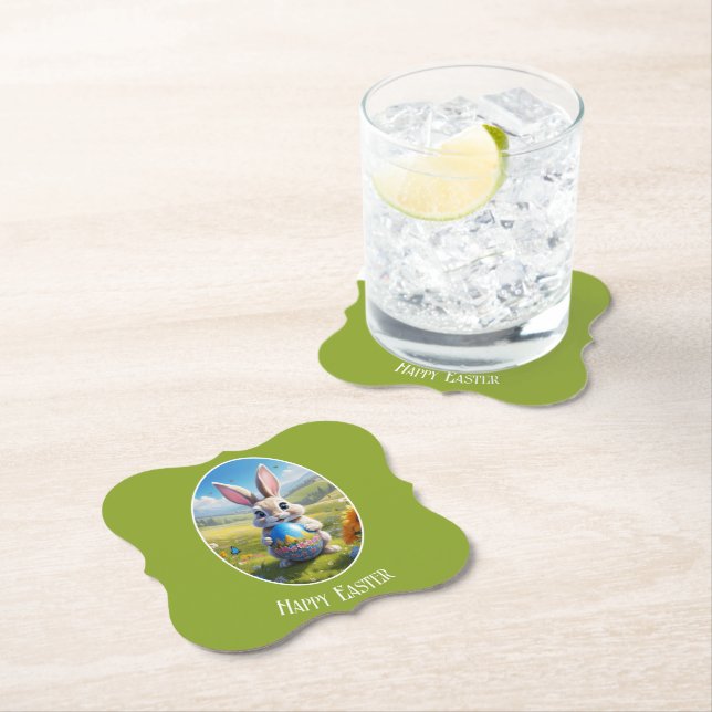 Easter bunny with egg, oval cardboard paper coaster (Insitu)