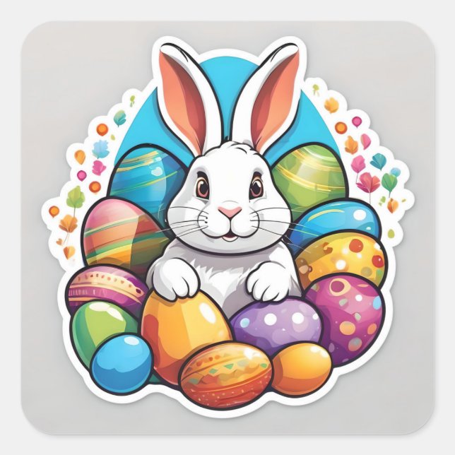 Easter bunny with eggs. square sticker (Front)