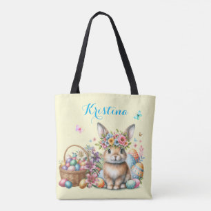 Easter Bunny With Floral Basket and Colored Eggs Tote Bag