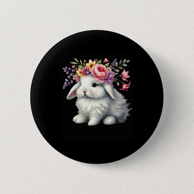 Easter Bunny With Floral Flower Crown Cute Girls W 6 Cm Round Badge (Front)