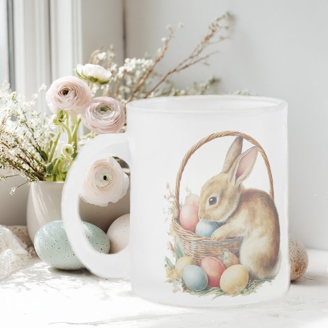 Easter bunny with flowers and Easter eggs Frosted Glass Coffee Mug (Creator Uploaded)