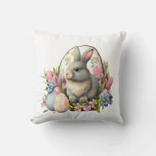 easter bunny with flowers and eggs, colourful bloo cushion