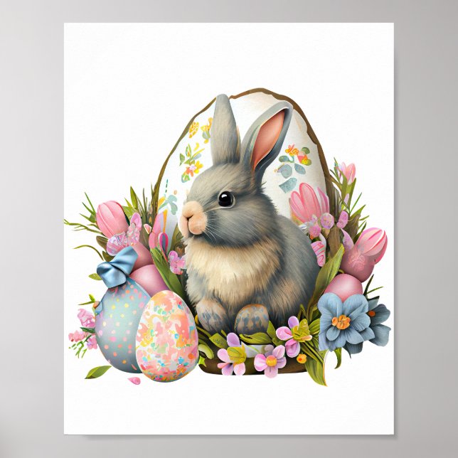 easter bunny with flowers and eggs, colourful bloo poster (Front)