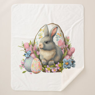 easter bunny with flowers and eggs, colourful bloo sherpa blanket