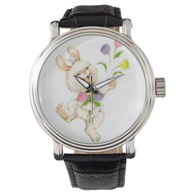 Easter Bunny with flowers cartoon Watch (Front)