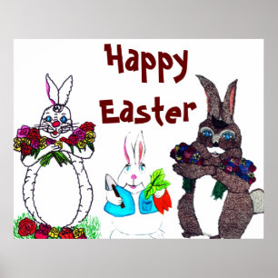 EASTER BUNNY WITH FLOWERS POSTER