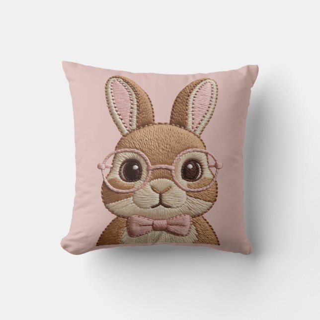 Easter Bunny with Glasses & Bow – Embroidered Look Cushion (Front)