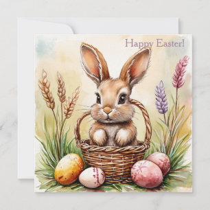 Easter bunny with painted eggs, watercolor invitation