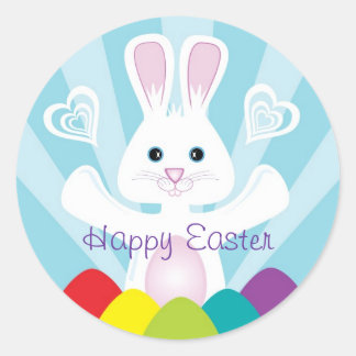 Easter Bunny with Rainbow Eggs, Happy Easter Classic Round Sticker