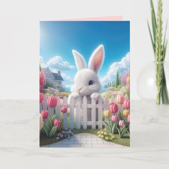 Easter Bunny With Spring Tulips Holiday Card (Front)