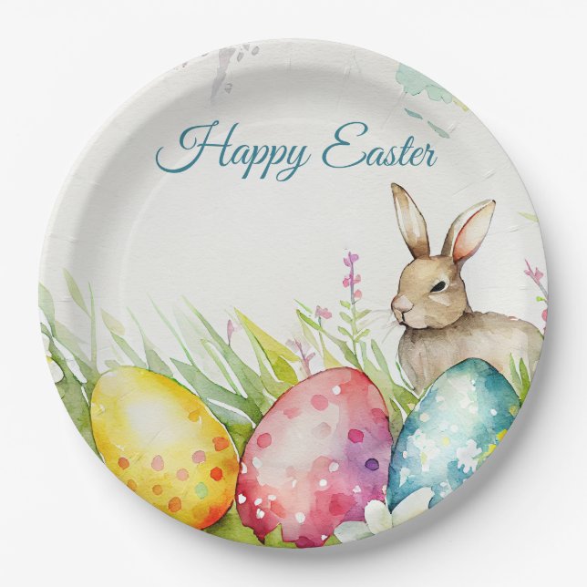 Easter bunny with three Easter Eggs Paper Plate (Front)