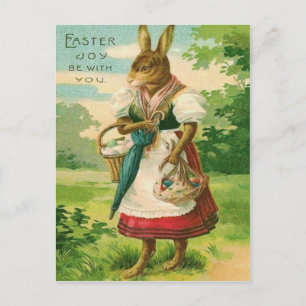 Easter Bunny Woman Basket Coloured Egg Holiday Postcard