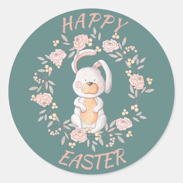 Easter Bunny Wreath Teal Classic Round Sticker (Front)