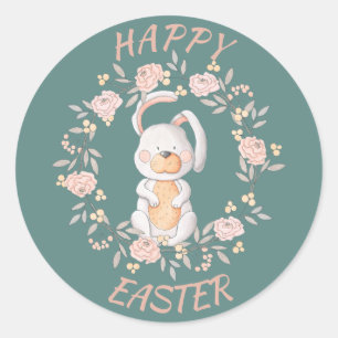 Easter Bunny Wreath Teal Classic Round Sticker