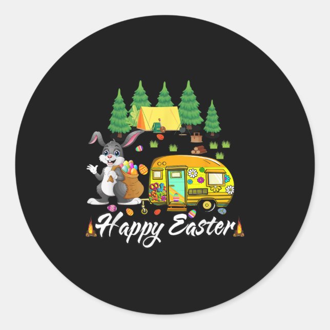Easter Camping Cute Bunny Eggs Happy Easter Day  Classic Round Sticker (Front)