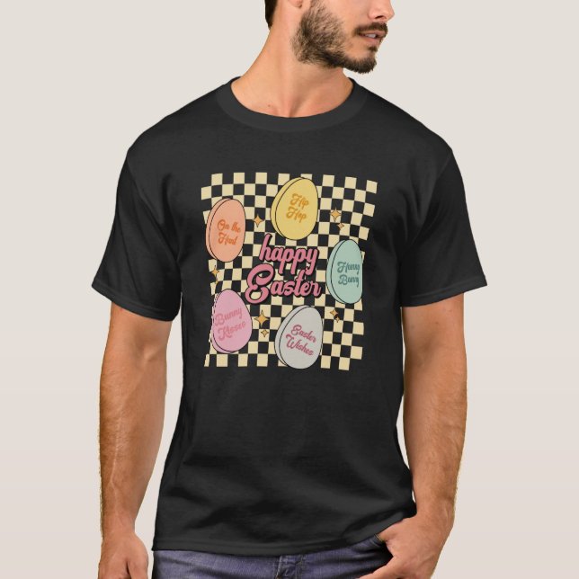 Easter Candy Eggs Conversation Checked Happy Easte T-Shirt (Front)