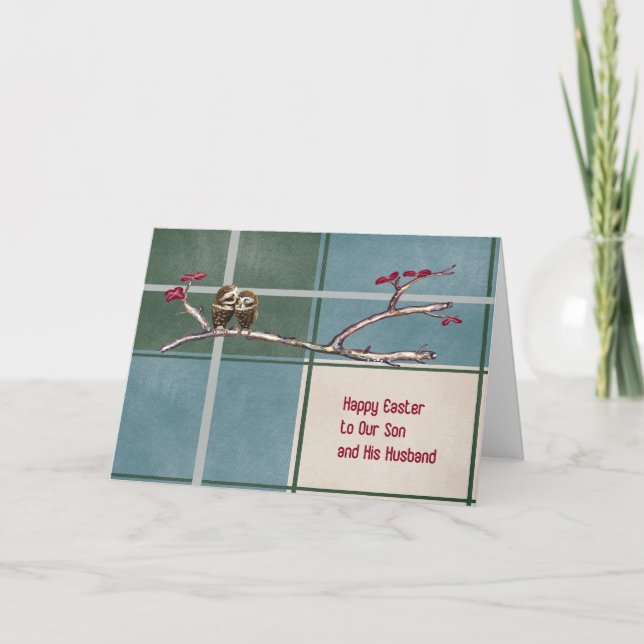 Easter Card for Son and Husband Plaid with Owls (Front)