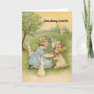 Easter Card, Little Girl with White Bunnies Holiday Card