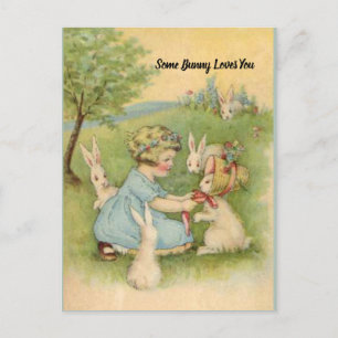 Easter Card, Little Girl with White Bunnies Holiday Postcard