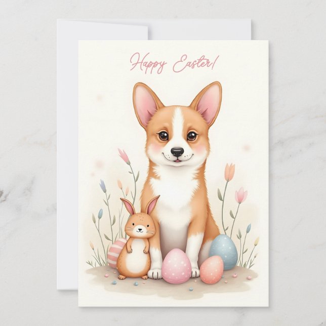 Easter card with a corgi dog in pastel colours (Front)