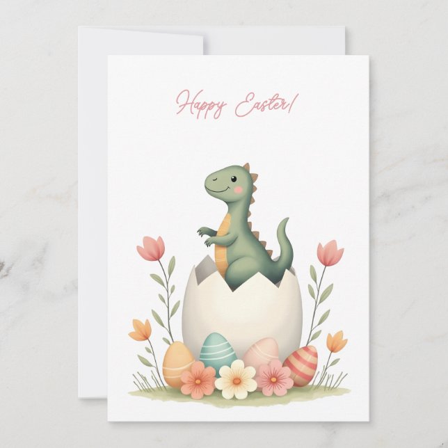 Easter card with a dinosaur in pastel colours (Front)