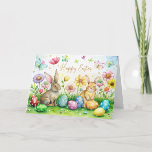 Easter card with cute bunnies, flowers and eggs