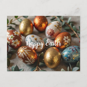 Easter card with gold and painted eggs Holiday