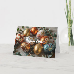 Easter card with gold and painted eggs Holiday