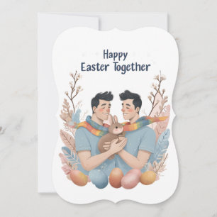 Easter Card with Two Men, Bunny & Colourful eggs