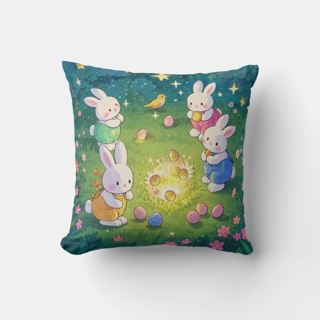 Easter cartoon bunnies hiding eggs in a garden cushion (Front)