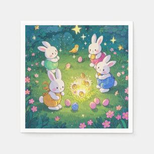 Easter cartoon bunnies hiding eggs in a garden napkin