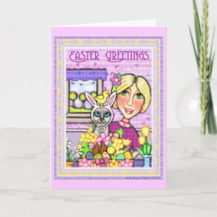 Easter Cat in Basket & Lady Greeting Card